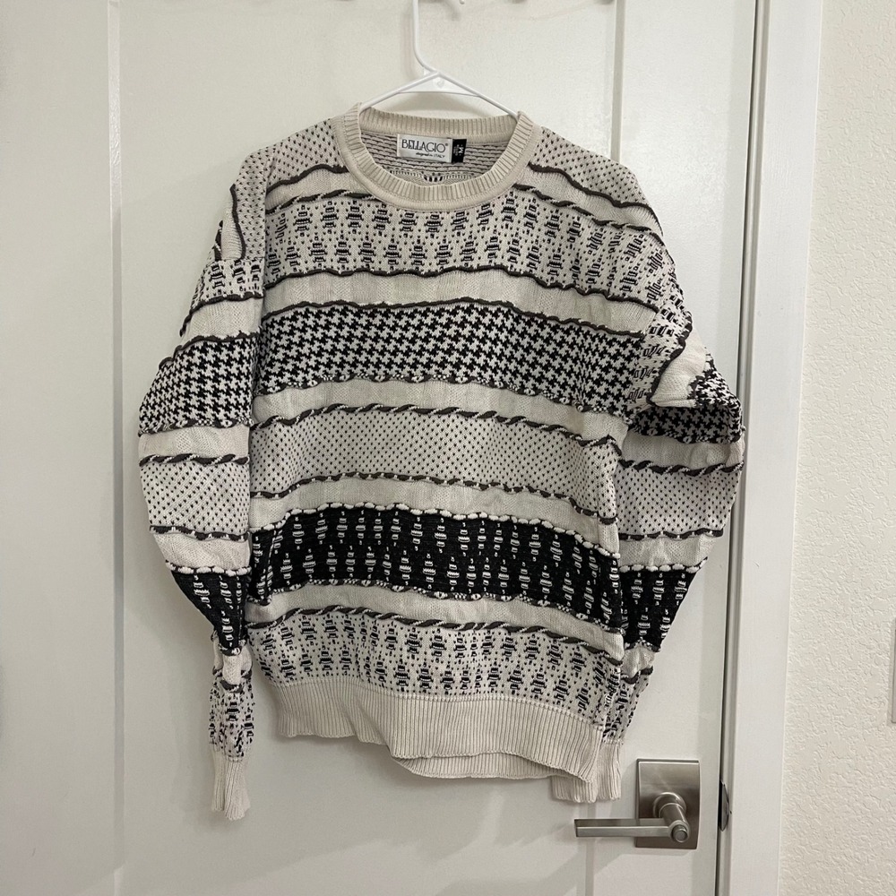 Bellagio Made in Italy White Gray Sweater Ribbed Textured 80s Style Retro Fall
